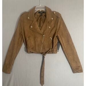 Cropped Suede Moto Jacket Faux Brown Ladies Small